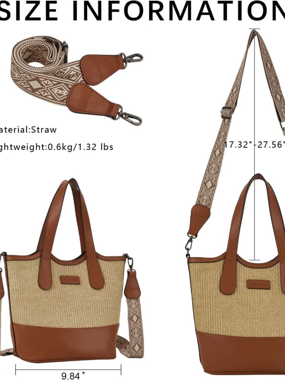 Tote Bag for Women,Straw&Vegan Leather Bucket Bags Crossbody Top Handle Purses A - Picture 5 of 9